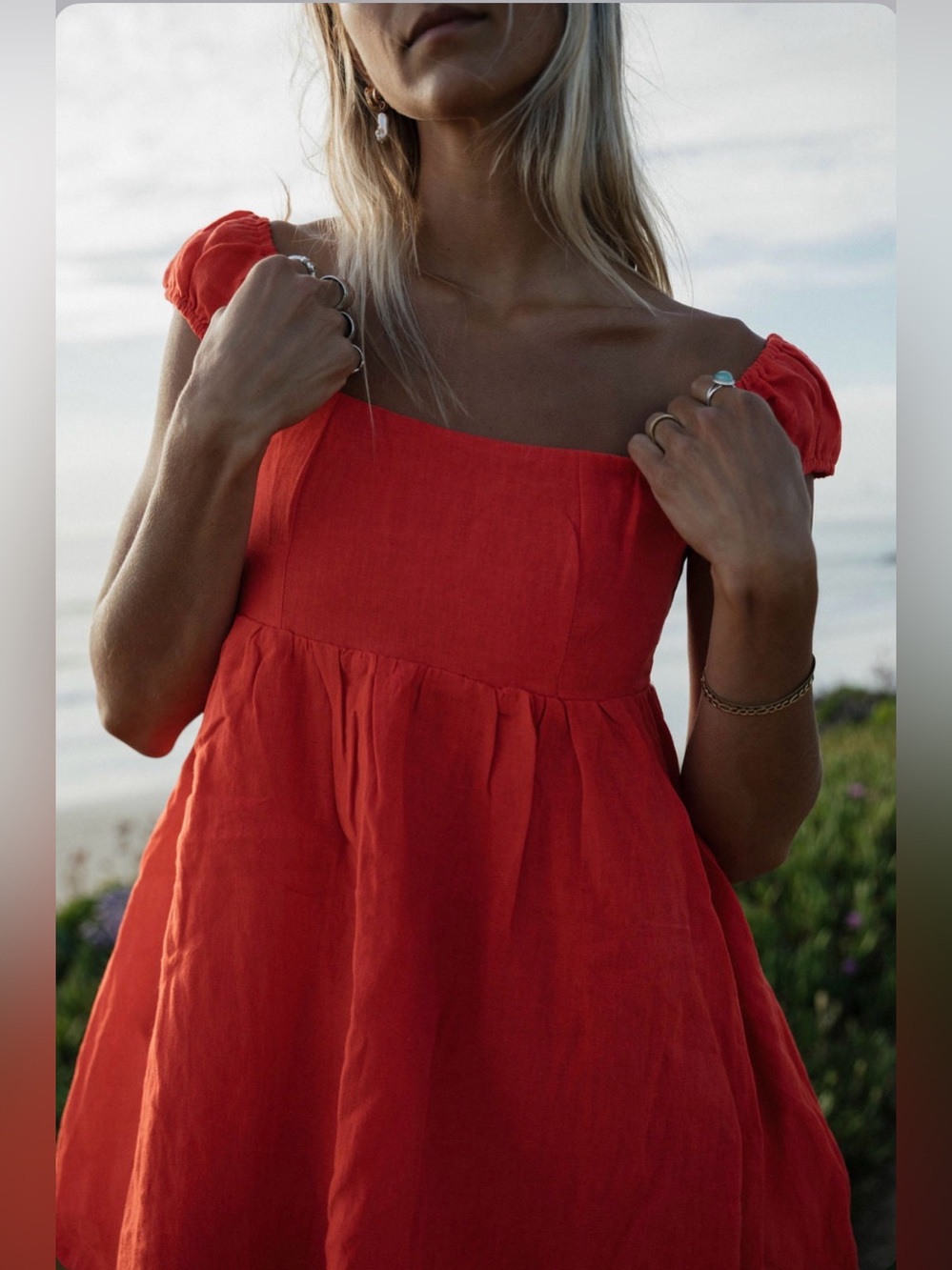 Solai Amalfi 100% Linen Mini Dress Red Linen Babydoll Beach Vacation Size Medium